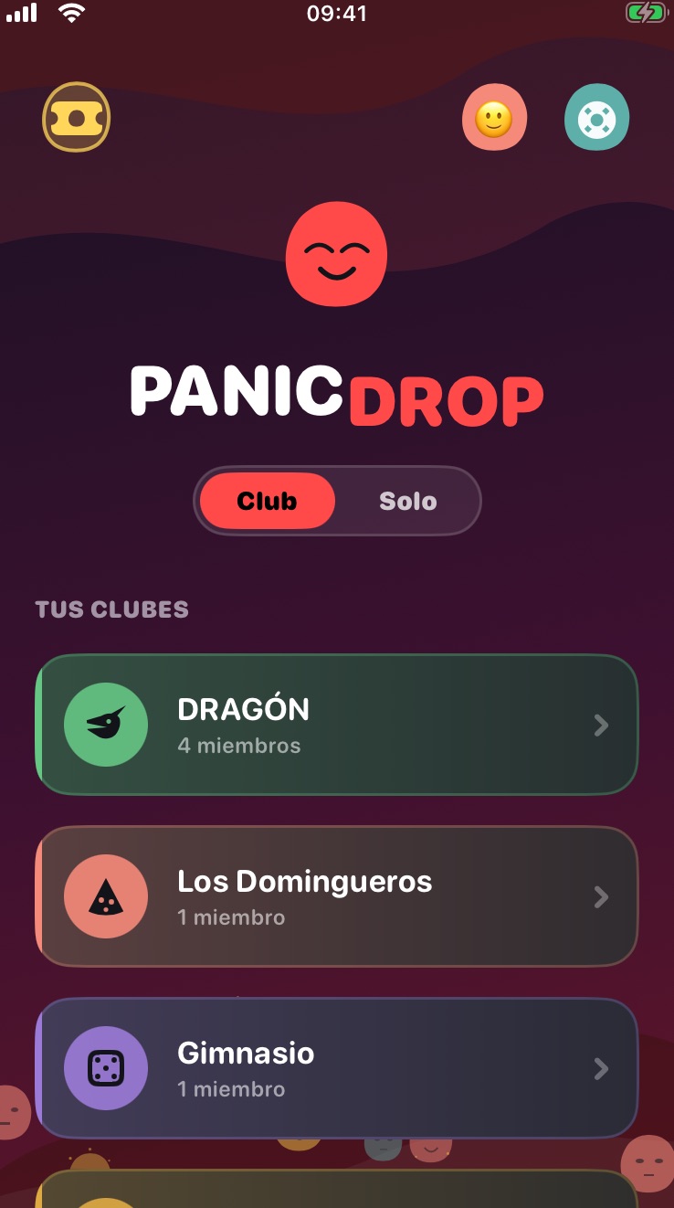 La pantalla de inicio de PanicDrop con la lista de clubes.